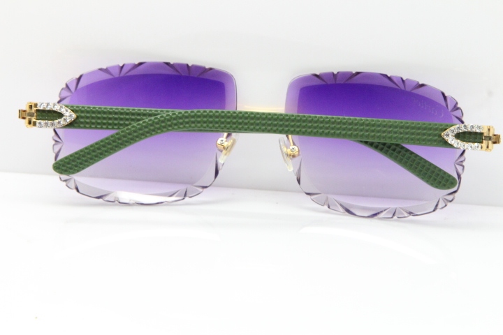 Cartier Rimless 8200762 Big Diamond Green Aztec Arms Sunglasses In Gold Purple Lens