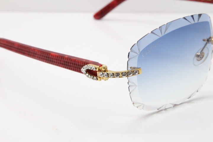 Cartier Rimless 8200762 Big Diamond Marble Red Aztec Arms Sunglasses In Gold Blue LensLens