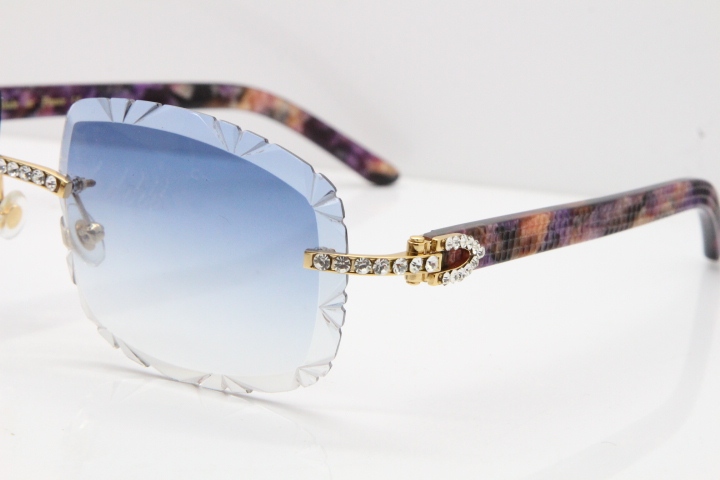 Cartier Rimless 8200762 Big Diamond Marble Purple Aztec Arms Sunglasses In Gold Blue Lens