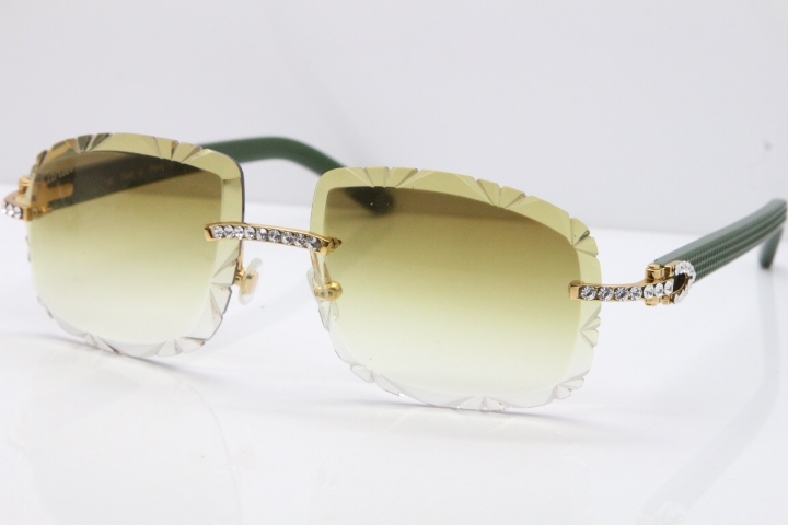 Cartier Rimless 8200762 Big Diamond Green Aztec Arms Sunglasses In Gold Brown Lens 