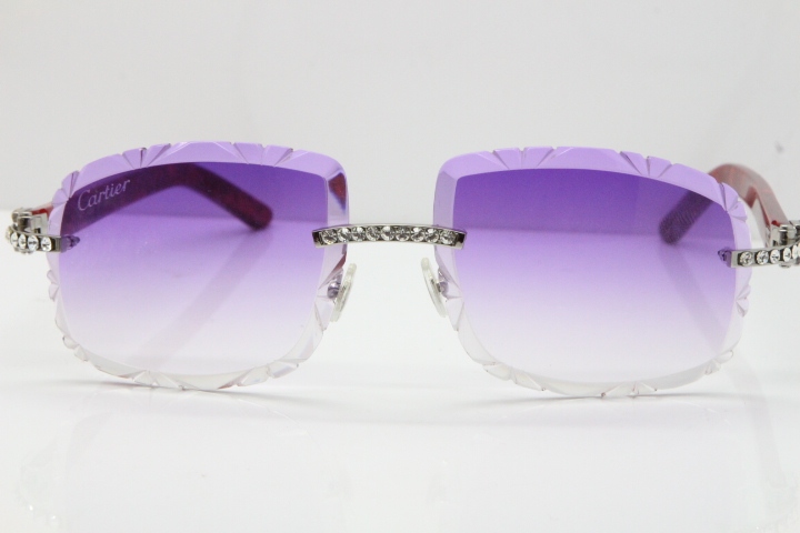 Cartier Rimless 8200762 Big Diamond Marble Red Aztec Arms Sunglasses In Gold Purple Lens