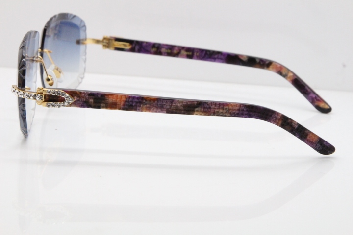 Cartier Rimless 8200762 Big Diamond Marble Purple Aztec Arms Sunglasses In Gold Blue Lens