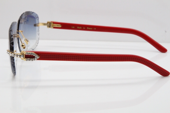 Cartier Rimless 8200762 Big Diamond Red Aztec Arms Sunglasses In Gold Blue Lens