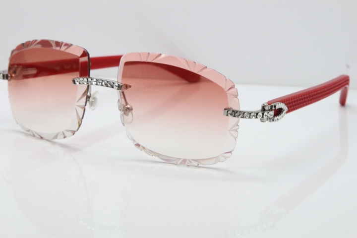 Cartier Rimless 8200762 Big Diamond Red Aztec Arms Sunglasses In Gold Pink Lens