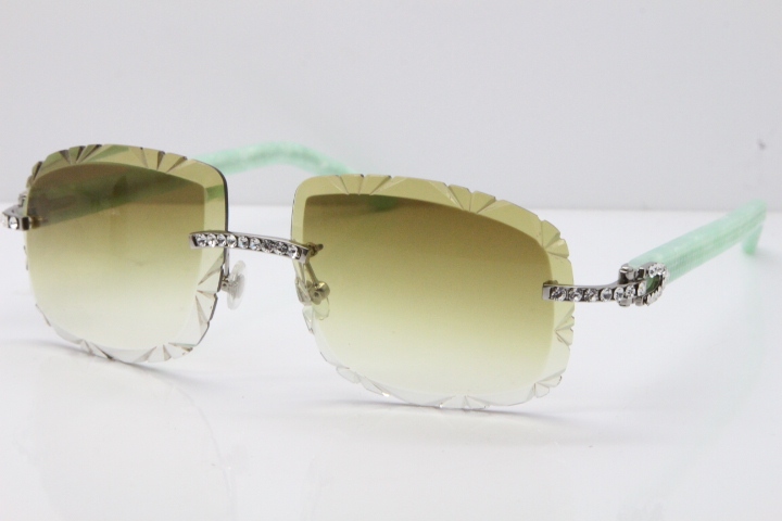 Cartier Rimless 8200762 Big Diamond Marble Green Aztec Arms Sunglasses In Gold Brown Lens 