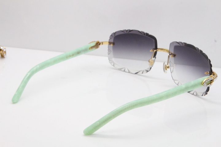 Cartier Rimless 8200762 Big Diamond Marble Green Aztec Arms Sunglasses In Gold Gray Lens 