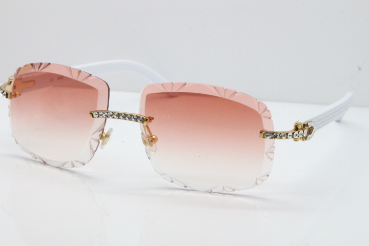 Cartier Rimless 8200762 Big Diamond White Aztec Arms Sunglasses In Gold Pink Lens