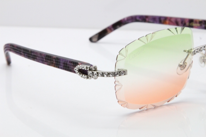 Cartier Rimless 8200762 Big Diamond Marble Purple Aztec Arms Sunglasses In Gold Green Brown Lens 