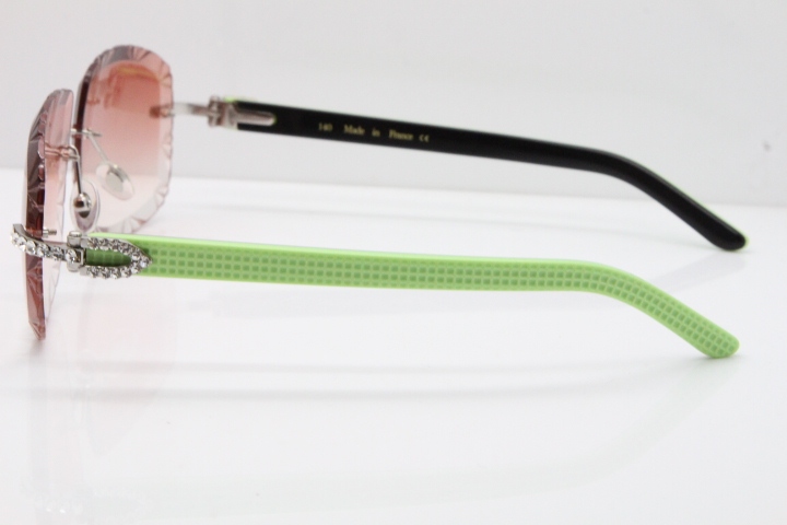 Cartier Rimless 8200762 Big Diamond Black Green Aztec Arms Sunglasses In Gold Pink Lens