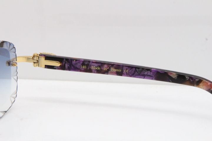 Cartier Rimless 8200762 Big Diamond Marble Purple Aztec Arms Sunglasses In Gold Blue Lens