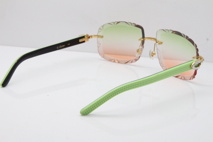 Cartier Rimless 8200762 Big Diamond  Black Green Aztec Arms Sunglasses In Gold Green Brown Lens