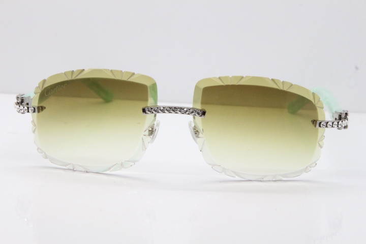 Cartier Rimless 8200762 Big Diamond Marble Green Aztec Arms Sunglasses In Gold Brown Lens 