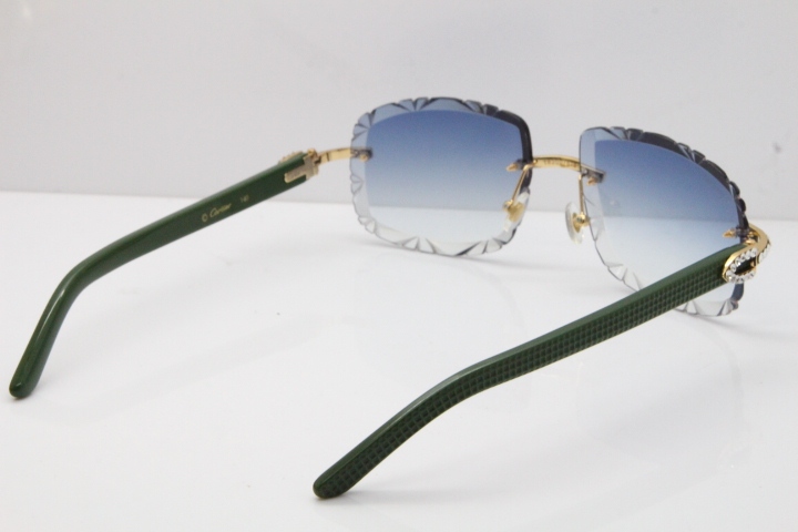 Cartier Rimless 8200762 Big Diamond Green Aztec Arms Sunglasses In Gold Blue Lens 