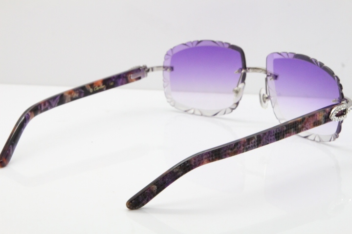 Cartier Rimless 8200762 Big Diamond Marble Purple Aztec Arms Sunglasses In Gold Purple Lens