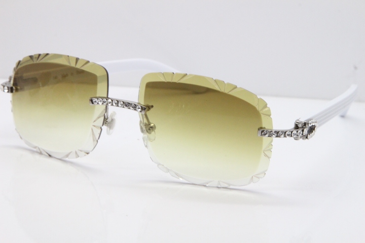 Cartier Rimless 8200762 Big Diamond White Aztec Arms Sunglasses In Gold Brown Lens 