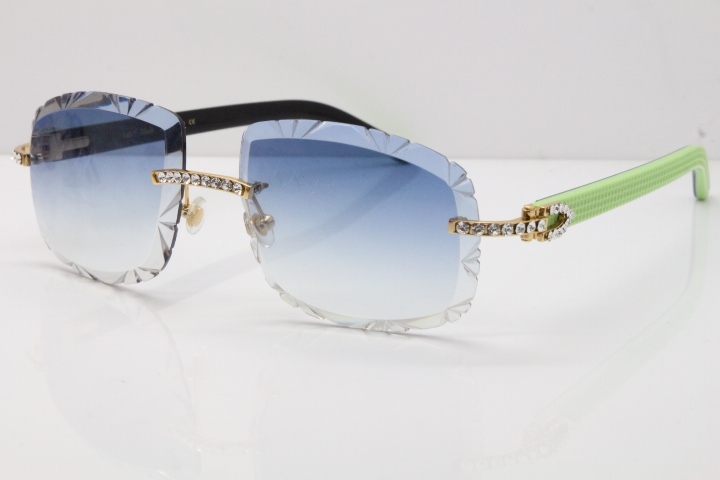 Cartier Rimless 8200762 Big Diamond Black Green Aztec Arms Sunglasses In Gold Blue Lens