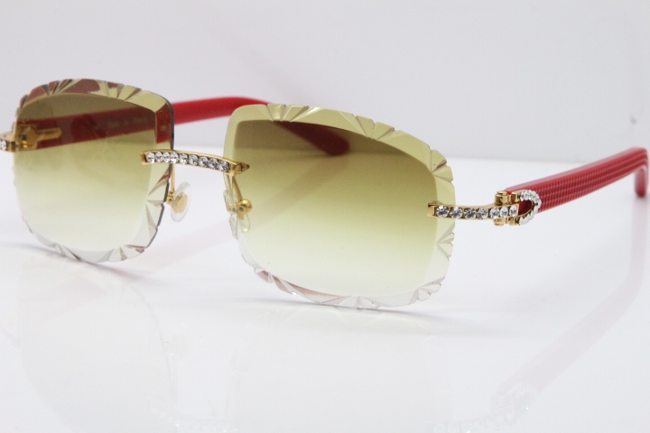 Cartier Rimless 8200762 Big Diamond Red Aztec Arms Sunglasses In Gold Brown Lens