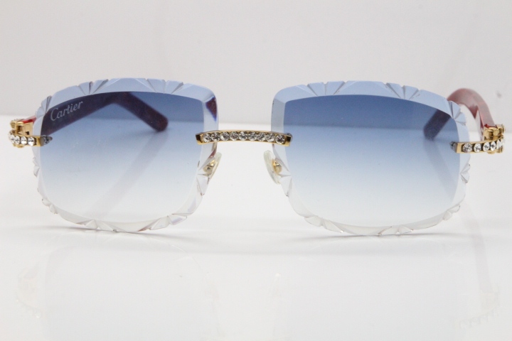 Cartier Rimless 8200762 Big Diamond Marble Red Aztec Arms Sunglasses In Gold Blue LensLens