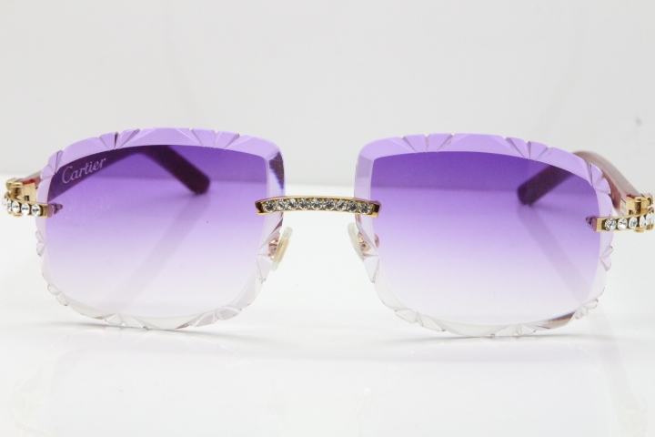 Cartier Rimless 8200762 Big Diamond Marble Red Aztec Arms Sunglasses In Gold Purple Lens