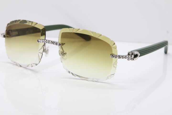 Cartier Rimless 8200762 Big Diamond Green Aztec Arms Sunglasses In Gold Brown Lens 