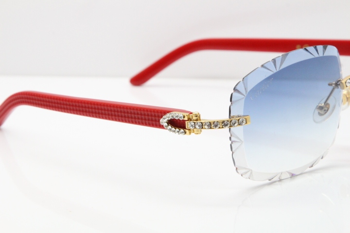 Cartier Rimless 8200762 Big Diamond Red Aztec Arms Sunglasses In Gold Blue Lens