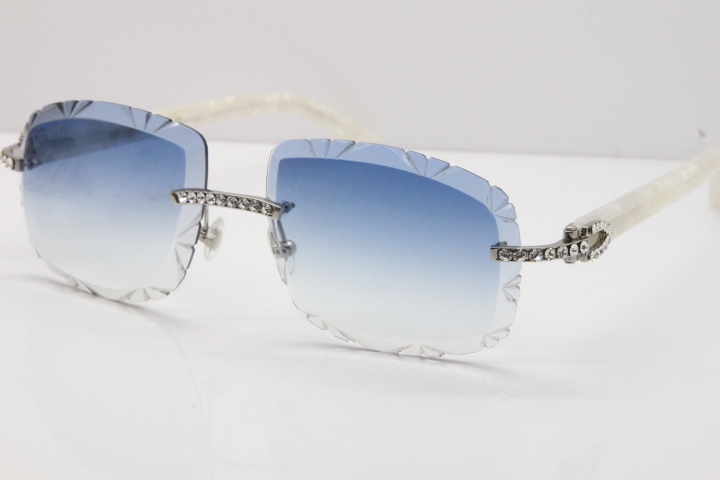 Cartier Rimless 8200762 Big Diamond Marble White Aztec Arms Sunglasses In Gold Blue Lens