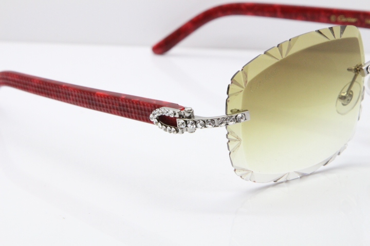 Cartier Rimless 8200762 Big Diamond Marble Red Aztec Arms Sunglasses In Gold Brown Lens