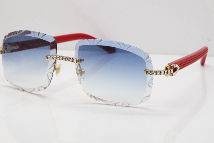 Cartier Rimless 8200762 Big Diamond Red Aztec Arms Sunglasses In Gold Blue Lens