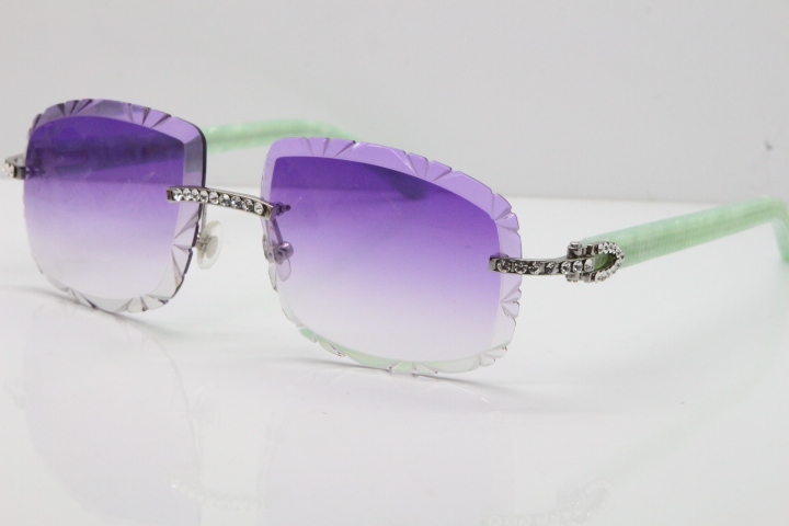 Cartier Rimless 8200762 Big Diamond Marble Green Aztec Arms Sunglasses In Gold Purple Lens 