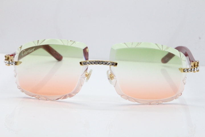 Cartier Rimless 8200762 Big Diamond Marble Red Aztec Arms Sunglasses In Gold Green Brown Lens