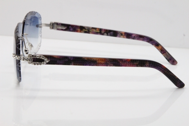 Cartier Rimless 8200762 Big Diamond Marble Purple Aztec Arms Sunglasses In Gold Blue Lens