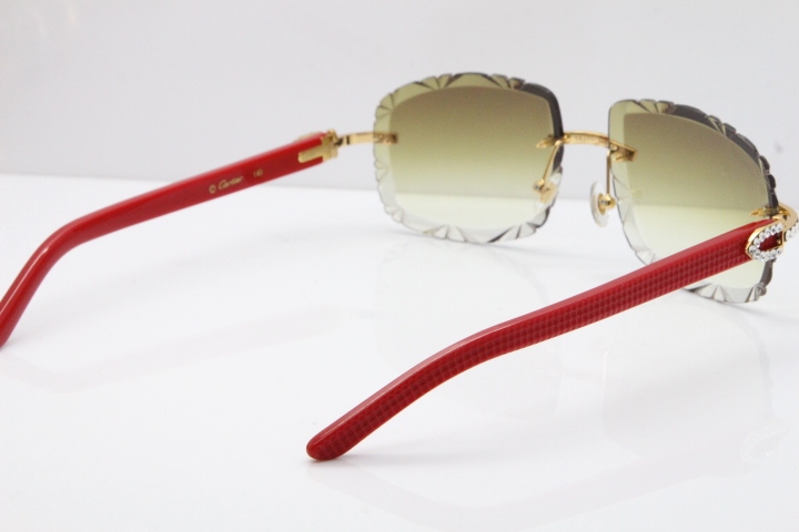 Cartier Rimless 8200762 Big Diamond Red Aztec Arms Sunglasses In Gold Brown Lens