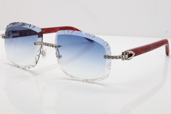 Cartier Rimless 8200762 Big Diamond Marble Red Aztec Arms Sunglasses In Gold Blue LensLens