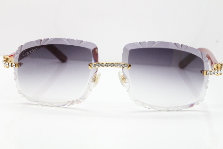 Cartier Rimless 8200762 Big Diamond Marble Red Aztec Arms Sunglasses In Gold Gray Lens