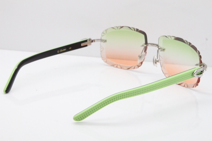 Cartier Rimless 8200762 Big Diamond  Black Green Aztec Arms Sunglasses In Gold Green Brown Lens