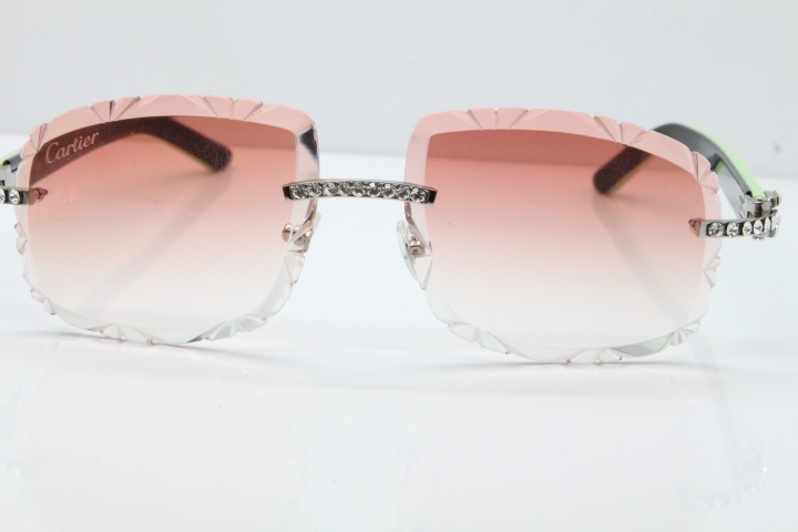 Cartier Rimless 8200762 Big Diamond Black Green Aztec Arms Sunglasses In Gold Pink Lens