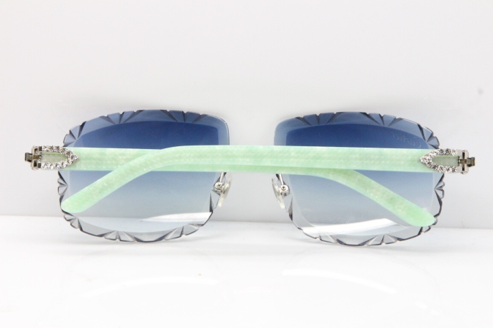 Cartier Rimless 8200762 Big Diamond Marble Green Aztec Arms Sunglasses In Gold Blue Lens 