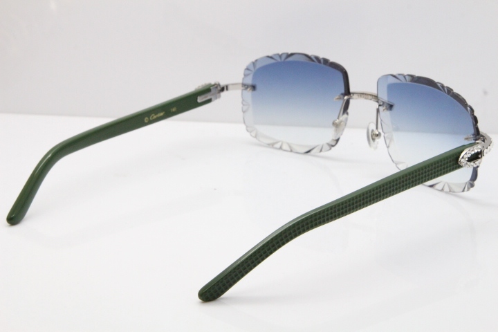 Cartier Rimless 8200762 Big Diamond Green Aztec Arms Sunglasses In Gold Blue Lens 