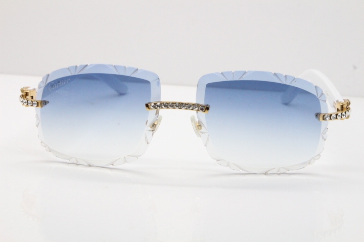 Cartier Rimless 8200762 Big Diamond White Aztec Arms Sunglasses In Gold Blue Lens 