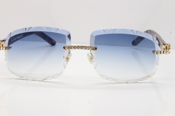 Cartier Rimless 8200762 Big Diamond Marble Purple Aztec Arms Sunglasses In Gold Blue Lens