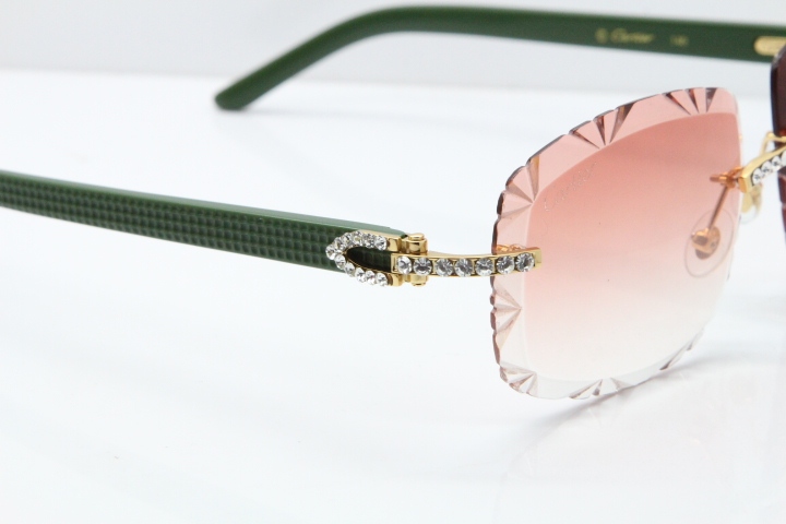 Cartier Rimless 8200762 Big Diamond Green Aztec Arms Sunglasses In Gold Pink Lens