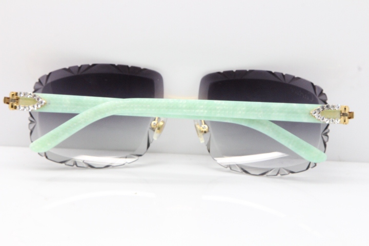 Cartier Rimless 8200762 Big Diamond Marble Green Aztec Arms Sunglasses In Gold Gray Lens 