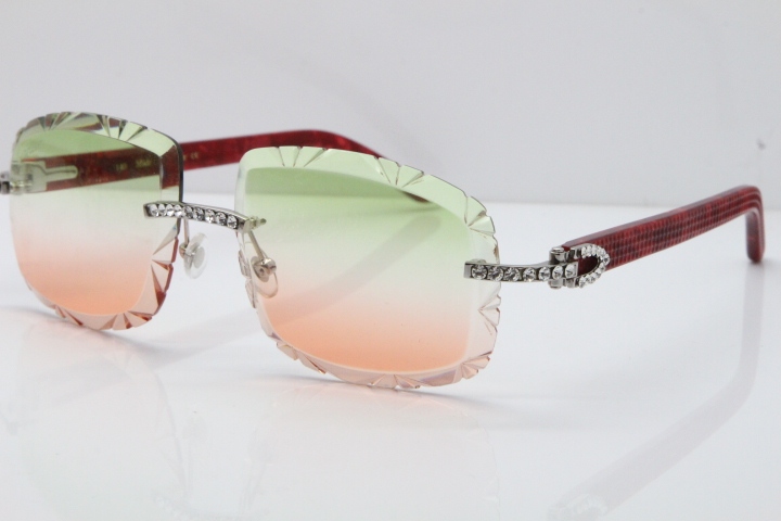 Cartier Rimless 8200762 Big Diamond Marble Red Aztec Arms Sunglasses In Gold Green Brown Lens