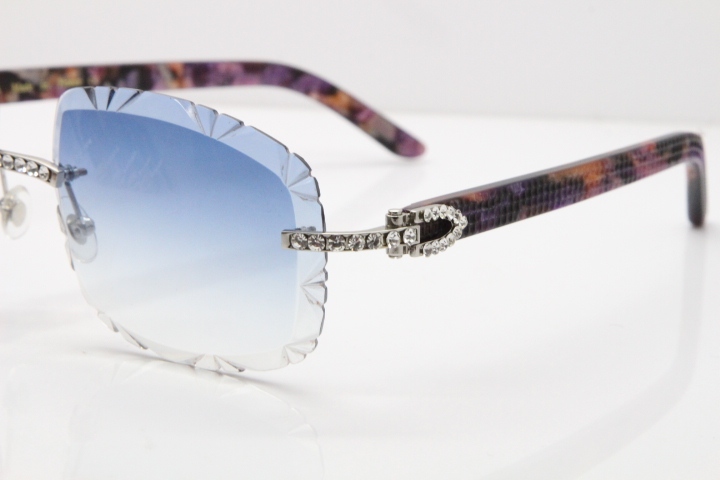 Cartier Rimless 8200762 Big Diamond Marble Purple Aztec Arms Sunglasses In Gold Blue Lens