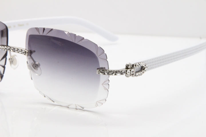 Cartier Rimless 8200762 Big Diamond White Aztec Arms Sunglasses In Gold Gray Lens
