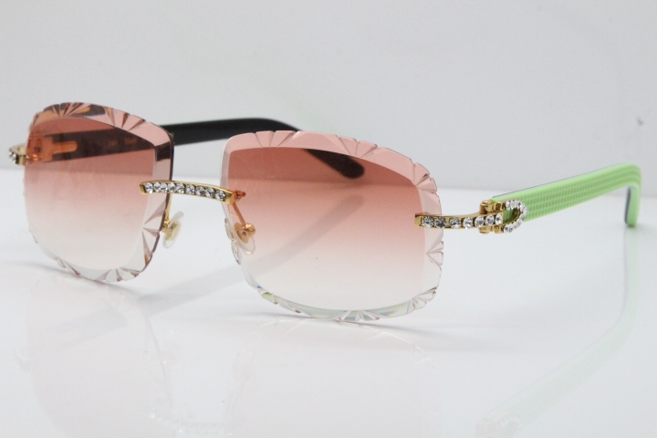 Cartier Rimless 8200762 Big Diamond Black Green Aztec Arms Sunglasses In Gold Pink Lens