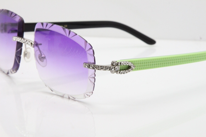 Cartier Rimless 8200762 Big Diamond  Black Green Aztec Arms Sunglasses In Gold Purpel Lens 