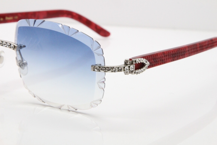 Cartier Rimless 8200762 Big Diamond Marble Red Aztec Arms Sunglasses In Gold Blue LensLens