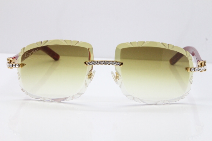 Cartier Rimless 8200762 Big Diamond Marble Red Aztec Arms Sunglasses In Gold Brown Lens