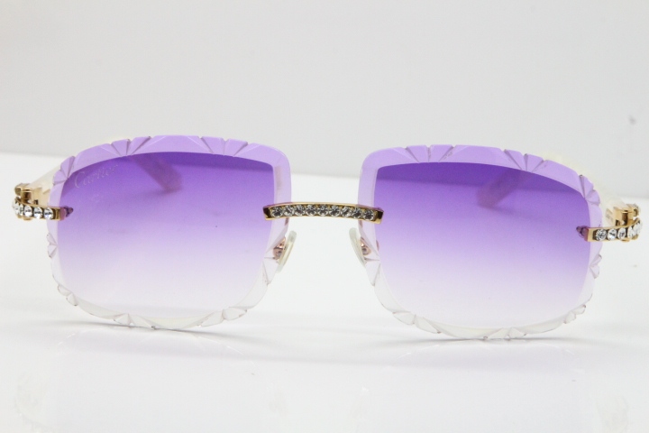 Cartier Rimless 8200762 Big Diamond Marble White Aztec Arms Sunglasses In Gold Purple Lens